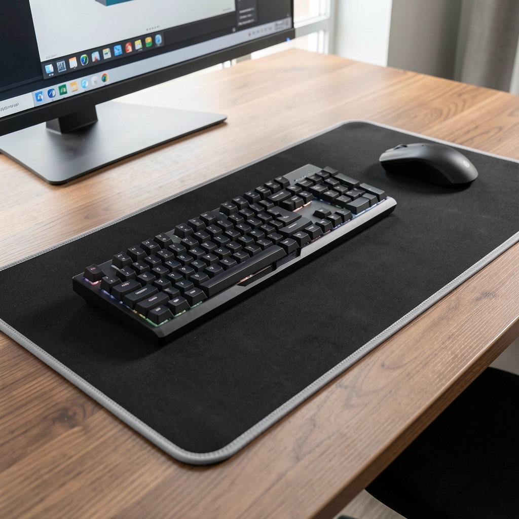Desk mat extra large negru din material textil cu margini cusute gri, dimensiune 900x400mm, pe birou cu tastatura mecanica si mouse wireless
