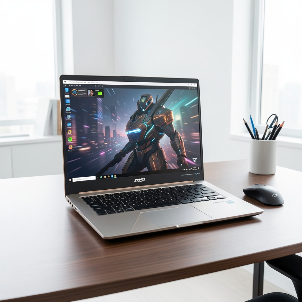 MSI Creator Z16 laptop pentru profesioniști de conținut cu ecran QHD+ touch 16 inch, plăcuță grafică NVIDIA RTX, design premium cu logo metalic, pe birou de studio