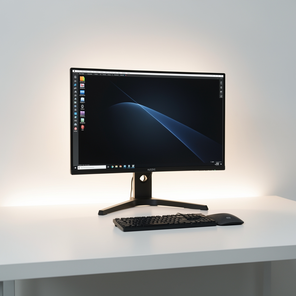 Monitor profesional 27 inch IPS 4K pe un birou minimalist alb cu suport ergonomic reglabil, iluminare ambientală LED în spate, utilizat pentru design grafic