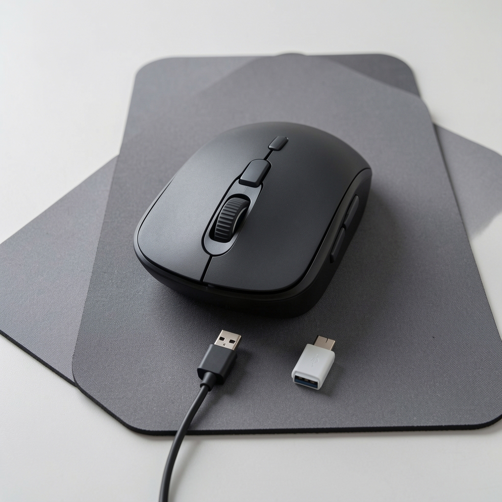 Microsoft Sculpt Ergonomic Mouse alb cu design vertical asimetric pentru mâna dreaptă, scroll wheel cu scroll orizontal, receptor USB nano, pe mousepad gri