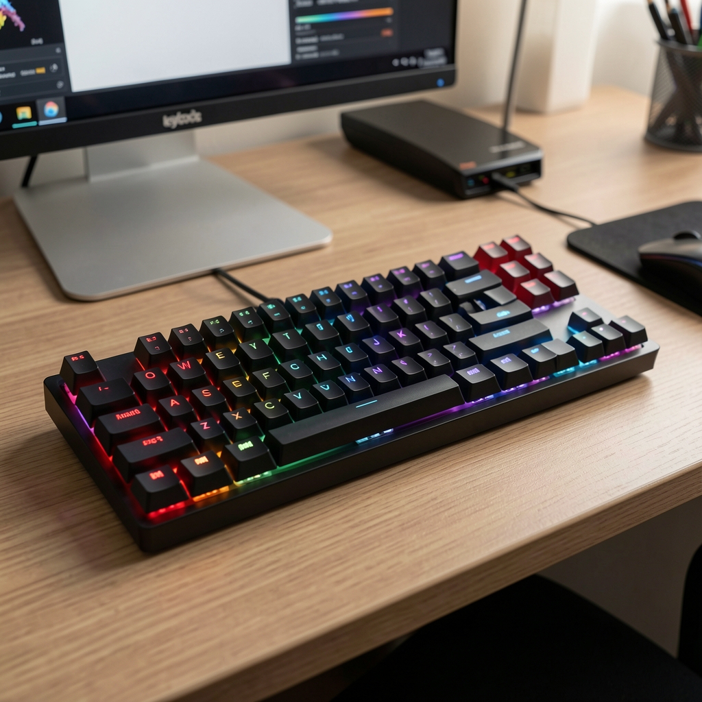 Keychron K8 Pro tastatură mecanică TKL wireless albă cu switch Gateron Brown, iluminare RGB, pe birou minimalist alb cu mouse pad gri